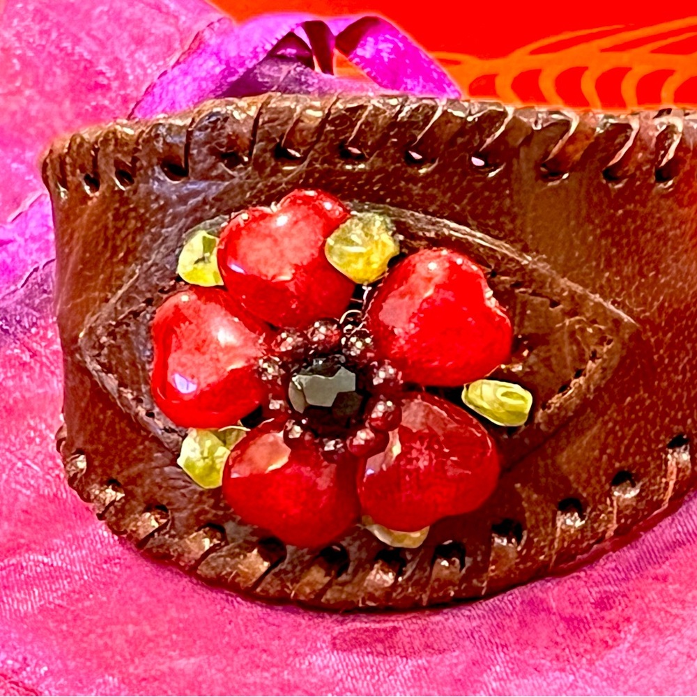 Leather cuff bracelet with bead design fits most